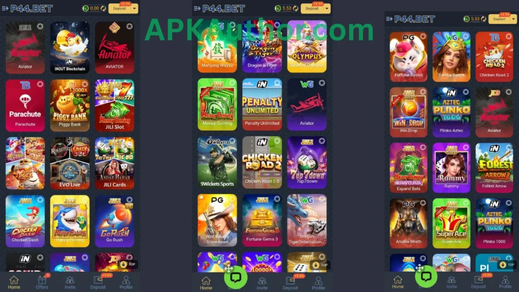 P44 Bet Game APK internal interface and hot game section