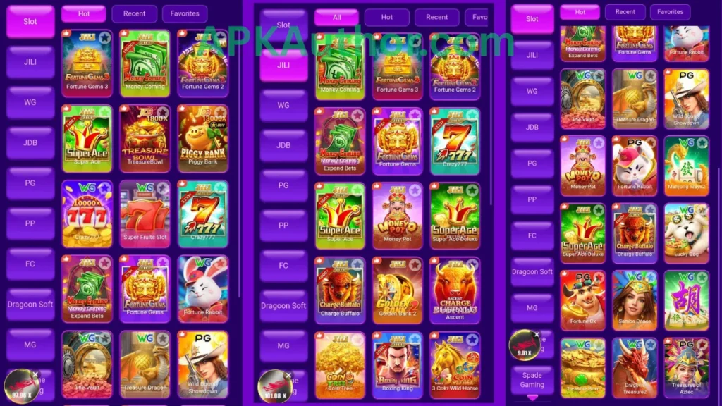 98PKR Game internal interface and hot game section of application