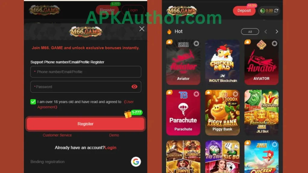 M66 Game APK regeristration section and hot game section of application
