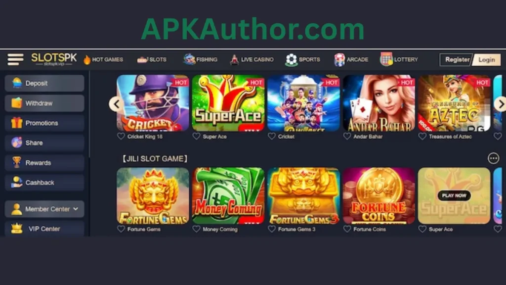 SlotsPK Game internal interface and jackpot winning games of application