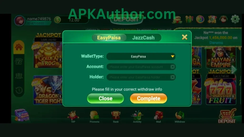 ZV777 Game login and regeristration section of game