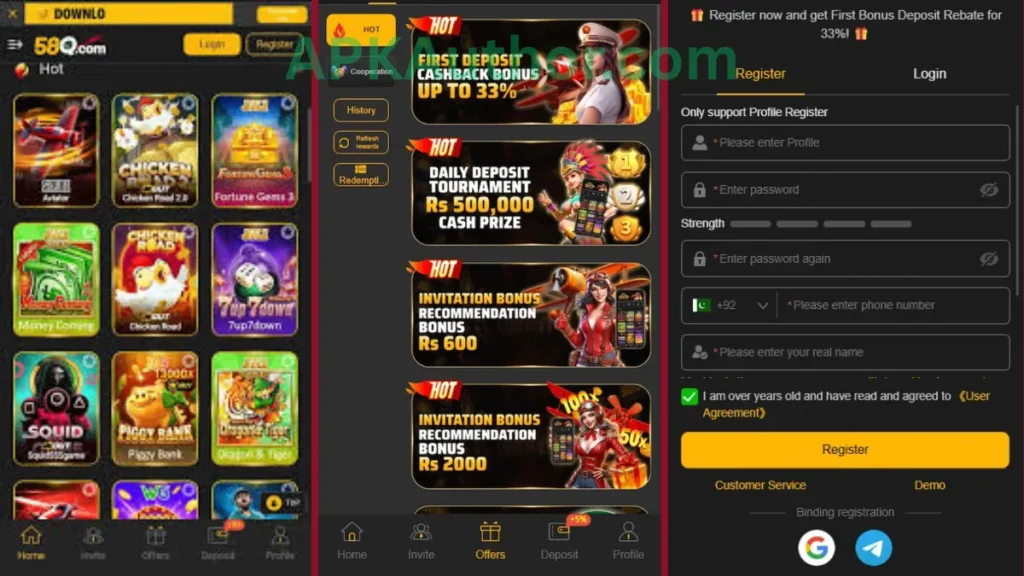 58Q Game internal interface, jackpot winning games, regeristration section and promotion center of game